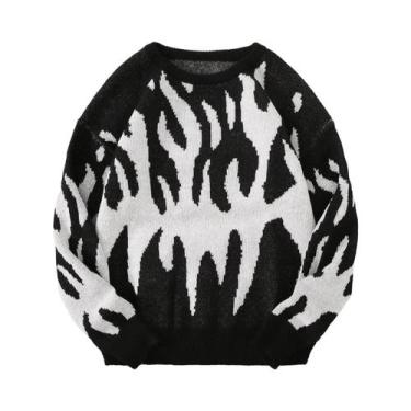 Imagem de Suéter Masculino Casual De Tricô Com Gola Redonda, Estampa De Fogo E E