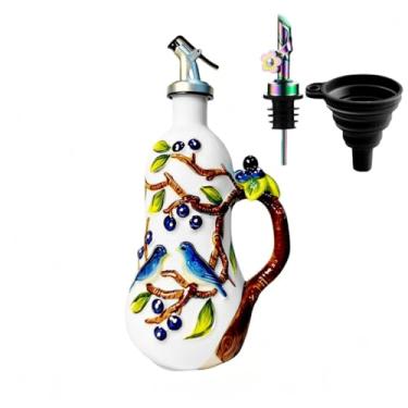 Imagem de Dispensador de garrafa de azeite de oliva de cerâmica pintada à mão de 510 g, com alça decorativa de azeite de oliva, garrafa de vinagre de óleo de cerâmica de cozinha, garrafa de tempero com bico e