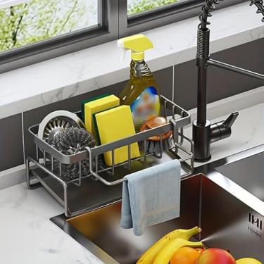 Imagem de Suporte de esponja para pia de cozinha, organizador de esponja de prato de aço inoxidável à prova de ferrugem com rack de pano de prato removível, suporte de pia de cozinha autodrenagem, dispensador