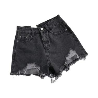 Imagem de Shorts Jeans Feminino Cintura Alta Rasgado Com Franjas E Bolsos Estilo