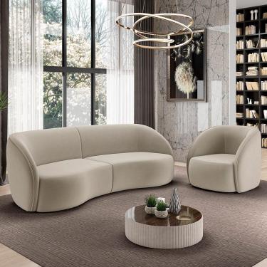 Imagem de Kit Sofá 4 Lugares Eron 288cm Com Poltrona Giratória Angelina M03 Veludo Bege - Lyam Decor