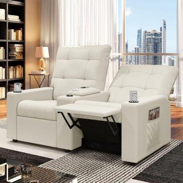 Imagem de Poltrona Do Papai Reclinável Sala De Cinema 2 Lugares Manual Baú Usb Veludo Bege
