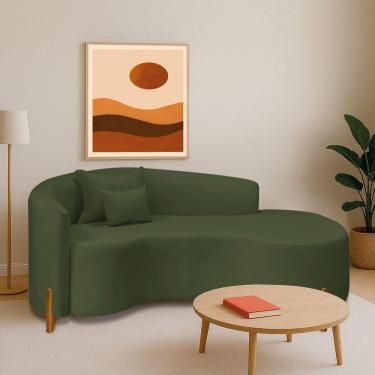 Imagem de Divã Recamier Curvo Sala De Estar Recepção Inglaterra 200cm Pés Madeira Lado Direito Linho Cor Verde