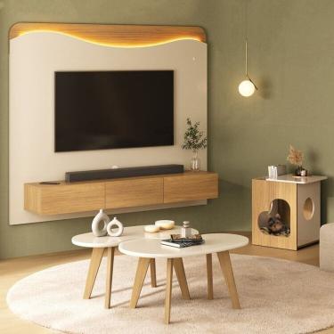 Imagem de Conjunto Sala de Estar Mesa de Apoio Pet e Mesa de Centro Orgânica e Painel Lumiere Carvalho/Off White