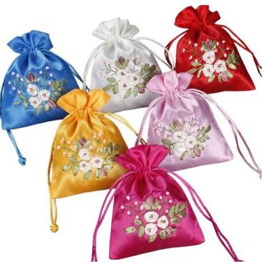 Imagem de Bolsa de presente, bolsa floral bordada em cetim, com cordão, 11 x 14 