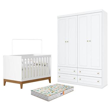 Imagem de Berço Americano Flip Branco Acetinado Reller E Guarda Roupa Infantil 4 Portas Branco Hp E Colchão Gazin - Henn
