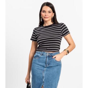 Imagem de Blusa Listrada Feminina em Cotton Leve Rovitex Preto, P, Preto