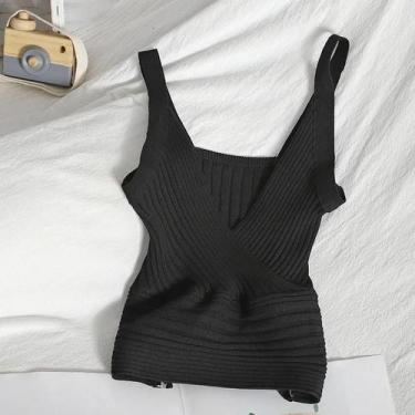 Imagem de Top Cropped Feminino De Malha Canelada Com Decote V Sem Mangas, Transp