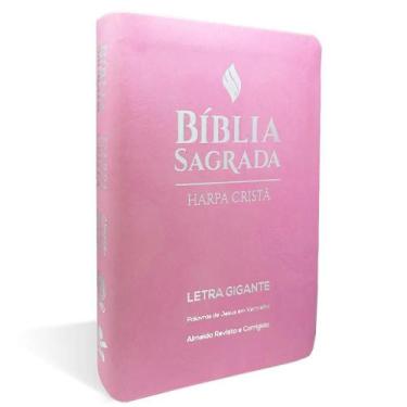 Imagem de Bíblia sagrada  com harpa cristã  capa de luxo rosa claro  letra gigan