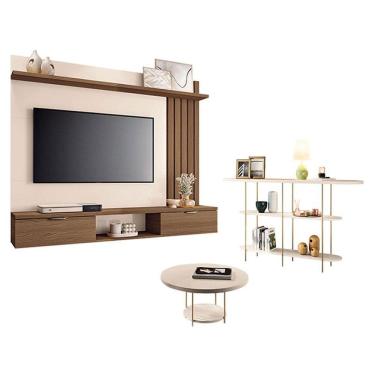 Imagem de Painel Suspenso Lets Castanho Off White com Mesa de Centro Sky e Aparador Infinity Off White - HB Móveis