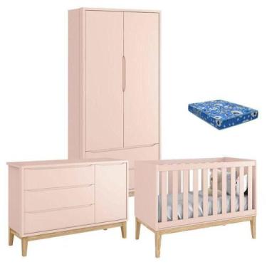 Imagem de Quarto De Bebê Classic 2 Portas Com Colchão Rosa Pés Madeira Natural -