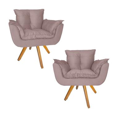 Imagem de Conjunto 2 Poltrona Estofada Base Giratória De Madeira Clínica Opala Suede Rose - LM DECOR