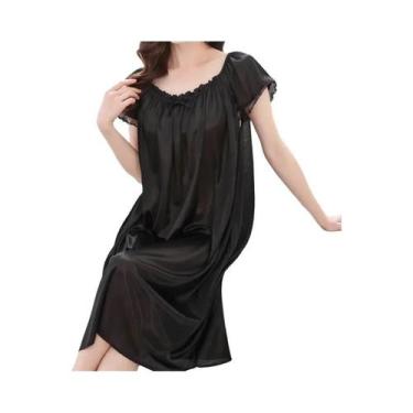 Imagem de Camisola plus Size De Seda Gelada Com Renda E Decote Em V, Longa, Para