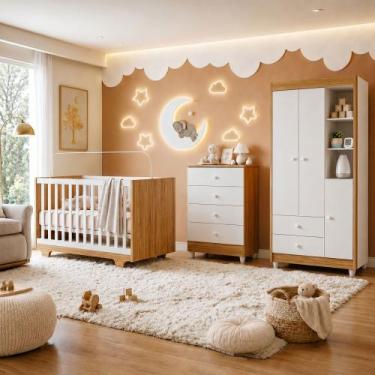 Imagem de Quarto de Bebê Completo 100% MDF Cômoda Berço e Guarda Roupa Nina Bran