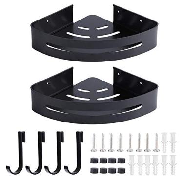 Imagem de Yosoo123 Prateleira de canto para pendurar na parede espaço de alumínio organizador de camada dupla unidade de prateleiras para casa de banho preta