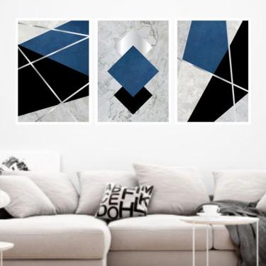 Imagem de Kit 3 Quadros Decorativos Geométrico Cinza, Azul, Prata