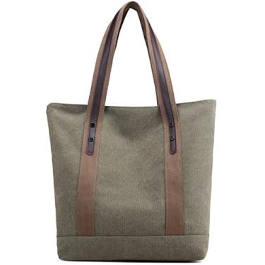 Imagem de Sunshinejing Bolsa de ombro feminina de lona, retrô, casual, bolsa de trabalho, bolsas, Verde militar, Medium