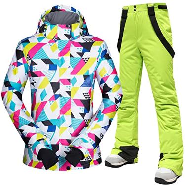 Imagem de Yajun Terno de esqui moda feminino jaquetas e calças de inverno quentes à prova d'água -30 graus poliéster roupa de neve para acampamento de ciclismo ao ar livre, verde, G (busto: 108cm)