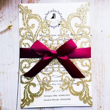 Imagem de FASTERCY 50 peças 12,7 x 18,5 cm cartões de convites de casamento champanhe cortados a laser rosa vazada bolso com laço para convites de aniversário de 15 anos