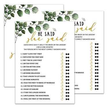 Imagem de OZTEMETY Jogos de chá de panela - Cartas de jogo de festa de noivado verde para casamento, despedida de solteira - decorações de chá de panela - He Said She Said - 30 cartões (002)