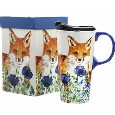 Imagem de Caneca de cerâmica para viagem CEDAR HOME com copo de chá latte de porcelana com tampa em caixa de presente 473 ml Linda raposa