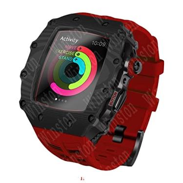 Imagem de KANUZ Capa de fibra de carbono de luxo para pulseira de relógio Apple 45mm 44mm capa de fibra de carbono pulseira de silicone para IWatch série 7 6 5 4 acessórios (cor: vermelho, tamanho: