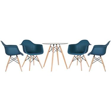 Imagem de Loft7, Kit Mesa Eames com tampo de vidro 70 cm + 4 cadeiras Eiffel Daw Azul petróleo