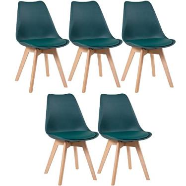 Imagem de Loft7, Conjunto Kit 5 Cadeiras Leda Com Assento Estofado, Encosto De Polipropileno E Pés De Madeira Natural, Elegante Sala De Jantar Cozinha Bar Varanda Gourmet, Verde Escuro