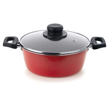 Imagem de Multiflon Caçarola 24 Centimetros Aluminio Antiaderente Com tampa de Vidro Vermelho Linha Essencial Resistente Durável e Saudável