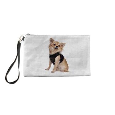 Imagem de DogsMakeMeHappy Bolsa de maquiagem Chihuahua, bolsa de cosméticos para amantes de Chihuahua, organizador de maquiagem artística de chihuahua, bolsa de higiene pessoal de amor de filhote de chihuahua, ideia de presente de cesta de Natal de aniversário, Branco, Bolsa Cosmética