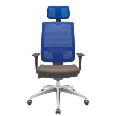 Imagem de Cadeira Office Brizza Tela Azul Com Encosto Assento Vinil Marrom Autoc