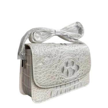 Imagem de Bolsa feminina autêntica de couro de crocodilo real pequena bolsa feminina de couro de jacaré genuíno bolsa de ombro cruzada única, Cinza - Branco, 23cm(Length) x 14cm(Height) x 7.5cm(Deep)