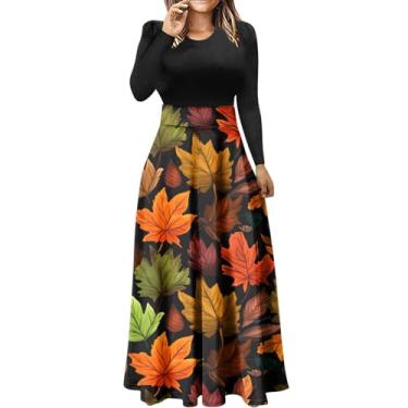 Imagem de Vestido feminino de manga longa solto com estampa de patchwork, vestidos maxi longos casuais 2023 roupas de outono plus vestidos com, Verde, G