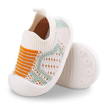 Imagem de Tênis infantil First Walking Safer Antiderrapante Leve Largo Tênis de Tênis Baby Slip on Respirável Meia Infantil Malha Malha Elástica Sola Macia Interior Sapatos 1-4 Anos Menino Meninas Caminhadas ao Ar Livre, Branco, 7 Toddler