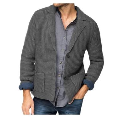 Imagem de Suéter masculino de malha com gola de lapela cardigã cor sólida suéter de botão manga longa casual, Cinza, M