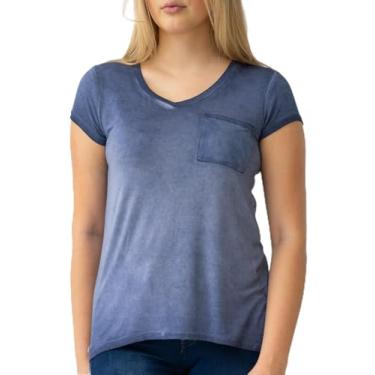 Imagem de Cable & Gauge Vestuário feminino gola V pigmento tingido e lavagem a óleo bolso camiseta com bainha Hi-Low, Azul marinho, M