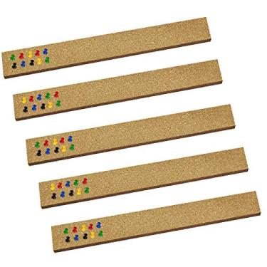 Imagem de Quadro de avisos de cortiça, 5 peças de tiras de cortiça multiuso, retangulares, sem moldura, para escritório, escola, lembretes ou decoração, 5 x 38 cm, com 35 pinos de pressão de tiras de cortiça para paredes autoadesivas