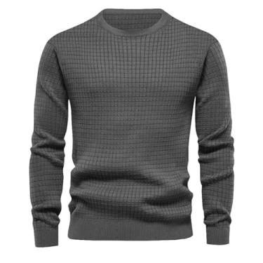 Imagem de Suéter masculino de gola redonda fina camada base pequena malha quadrada pulôver camada base cor sólida, Cinza escuro, P
