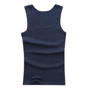 Imagem de Camiseta regata masculina cor sólida gola quadrada roupa íntima esportiva emagrecedora, sem mangas, Azul-escuro, M