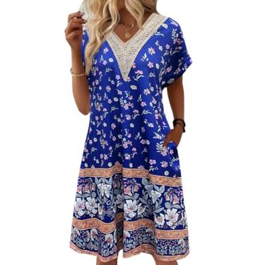 Imagem de Bloggerlove Vestido feminino de algodão com bolsos Moo Moo Moo Camisola de renda gola V Mumu vestido de manga curta, Azul floral, G