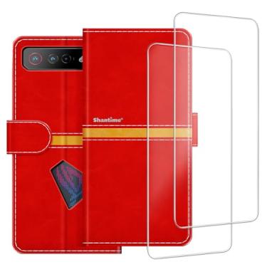 Imagem de ESACMOT Capa de celular compatível com Asus ROG Phone 7 + [2 unidades] película protetora de tela de vidro, capa protetora magnética de couro premium para Asus ROG Phone 7 (6,7 polegadas) vermelha