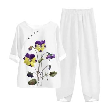 Imagem de Conjunto de roupa de linho feminino de conscientização de Alzheimers, gola redonda, botão, roxo, conjunto casual, Branco, G