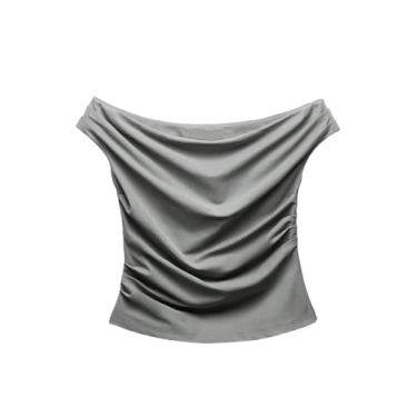 Imagem de GORGLITTER Camiseta feminina sem mangas franzida com ombros de fora e caimento justo, Cinza, M