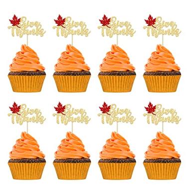 Imagem de Gyufise Topper de bolo de Ação de Graças 24 peças Give Thanks Topper de bolo de Ação de Graças com glitter dourado com topo de bolo de outono de bordo Ação de Graças feliz enfeite de bolo de agradecimento decoração