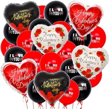 Imagem de Balões grandes e felizes do Dia dos Namorados - 45,7 cm | Balões de coração preto e vermelho com balões de látex | Balões em formato de coração para decorações de Dia dos Namorados | Decorações românticas vermelhas para noite especial