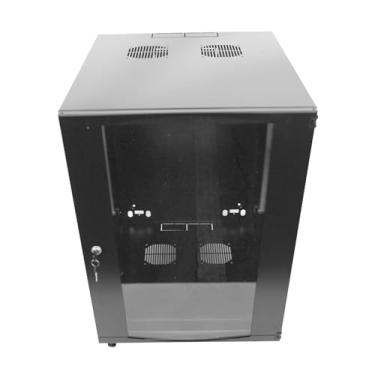 Imagem de Gabinete de servidor 15U para montagem na parede com rodas giratórias, 2 ventiladores de servidor, painéis laterais removíveis de porta de vidro, armário de rede de 48 cm, profundidade de instalação