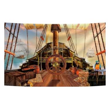 Imagem de Pano de fundo vintage de tecido pirata para fotografia leme de madeira baús do tesouro mapa do tesouro oceano veleiro navio náutico piratas fundo pirata decoração de festa de aniversário banner foto
