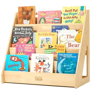 Imagem de FUNLIO Estante de madeira maciça Montessori para sala de aula, prateleira de livros de 5 camadas voltada para crianças, estante para crianças pequenas com alça e espaço de armazenamento traseiro