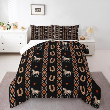 Imagem de Feelyou Conjunto de cama com cavalo e decoração ocidental, para crianças, meninos, meninas, adolescentes, selvagem, caubói ocidental, ferradura, edredom casal, listrado, boêmio, 3 peças