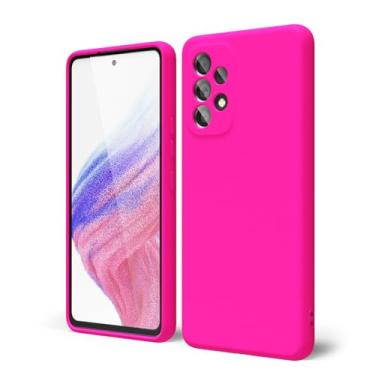 Imagem de oakxco Capa para celular Samsung Galaxy A53 silicone líquido, cor sólida brilhante fluorescente, linda fina borracha macia TPU lisa gel fosco capa protetora para mulheres meninas, rosa choque fúcsia
